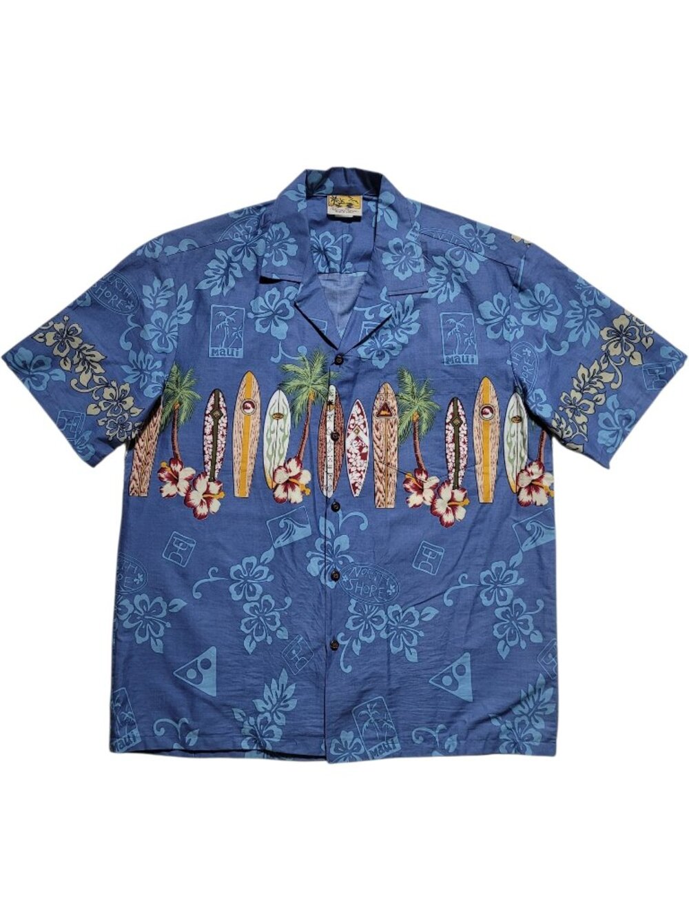 Winnie Fashion Blue Surfboard Hawaiian Aloha Shirt Vintage Cotton Large Coastal